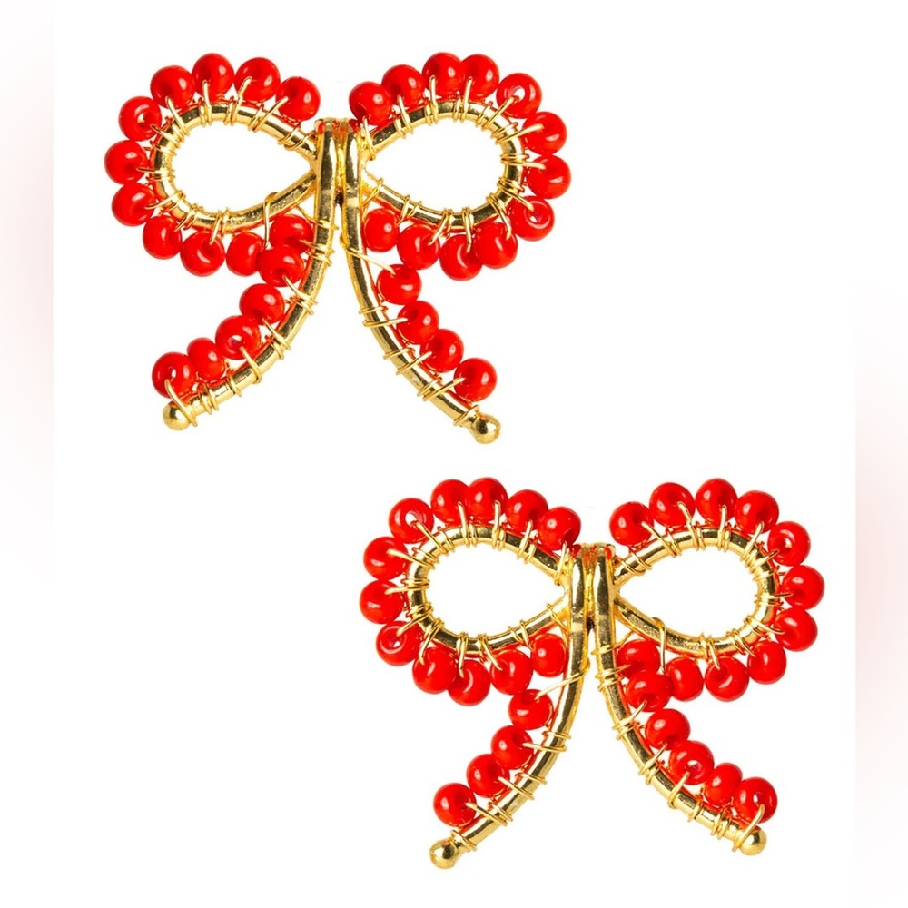 Elegant Red Beaded Bow Earrings